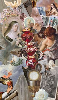 an artistic collage with many different pictures and paintings on it's sides, including angels