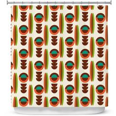 a shower curtain with an orange and green pattern on the outside, and a white background