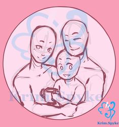 a drawing of three people holding a baby