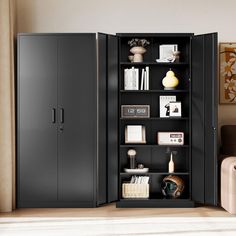 an open bookcase in the corner of a room