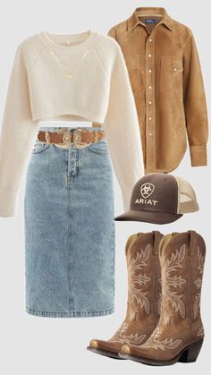 #western #fashion #outfitideas #cowboyboots #brown #skirt #modestoutfit #modest #ootd #christiangirl #outfitinspo #casual #westernfit #cute Festival Outfits Casual, Casual Country Outfits, Country Style Outfits, Modesty Outfits, Western Wear Outfits, Cute Country Outfits, Looks Country, Cute Modest Outfits, Western Outfit