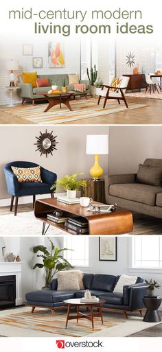 three different living rooms with modern furniture in them and the text mid century modern living room ideas