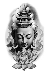 a drawing of a buddha with a lotus in front of it's face and head