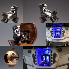 four different views of the inside of a space station, including a robot and other objects