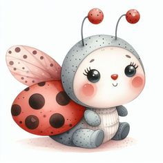 a cute little lady bug sitting on top of a pink and black polka dot pillow