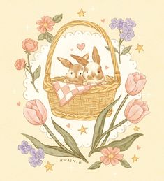 two bunnies in a basket with flowers and hearts on the side, surrounded by stars