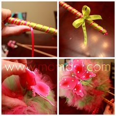 four pictures showing how to make a princess tulle wand with pink flowers and feathers