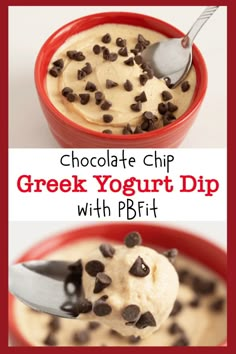 chocolate chip greek yogurt dip with pbfit in a red bowl