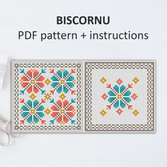 two cross - stitch patterns with scissors on the table next to each other and text reading biscornu pdf pattern + instructions