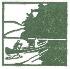 a drawing of a man in a boat on the water with trees and hills behind him