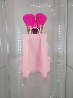 two pink brushes in a bag on display