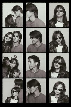 black and white photos of people with sunglasses on their heads, one man kissing the other woman