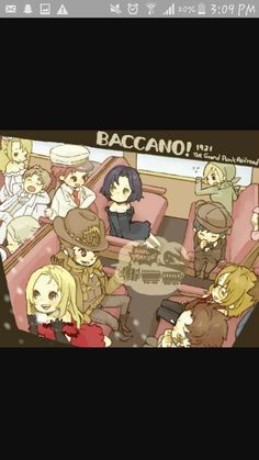 an image of people sitting in the back of a bus with text that reads baccano