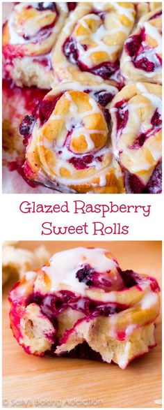 glazed raspberry sweet rolls with icing on top and the bottom one is cut in half