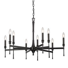 a black chandelier with six lights hanging from the bottom and one light on top