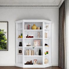 a white bookshelf in the corner of a room