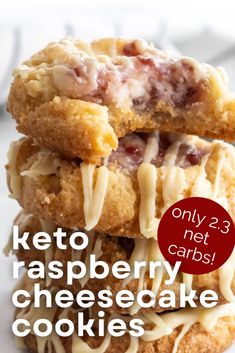 two keto raspberry cheesecake cookies stacked on top of each other with text overlay