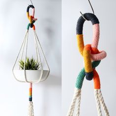 there are two hanging planters made out of rope