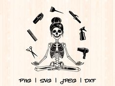 a skeleton sitting in the middle of a yoga pose with hair dryers and combs