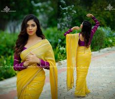 Stylish Blouse Ideas That Can Make Your Saree Look Chic Yellow Pink Saree, Designer Sarees Online Shopping, Georgette Saree With Blouse, Yellow Sunshine, Indian Designer Sarees, Indian Party Wear, Party Wear Saree, Designer Sarees Online, Stylish Blouse Design