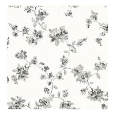 black and white floral wallpaper on a white background with grey flowers in the center