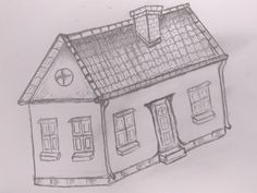 a pencil drawing of a house with windows and a roof that has a cross on it