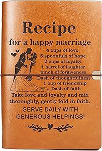 a personalized leather notebook with the words recipe for a happy marriage