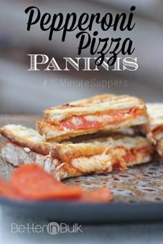 pepperoni pizza panini cut in half on a plate with the title overlay