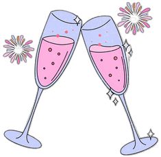 two champagne glasses with pink and blue rims are next to each other on a white background