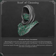 a scarf with green leaves on it and the words scarf of cleaning written below