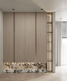 a marble bench in the middle of a room with wooden paneling on the walls