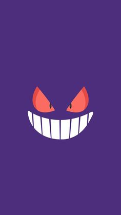 an evil face with big red eyes and fangs on it's teeth, against a purple background