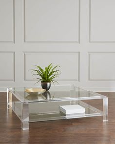 a glass coffee table with a plant in it on top of a hard wood floor