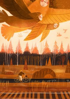 a painting of a person riding a bike in the woods with an owl flying over them