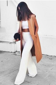 white + camel #missguided Spring Outfit Women, Stylish Summer Outfits, Spring Outfits Women, Mode Inspo, Wardrobe Basics, Girly Outfits, White Pants, Look Chic