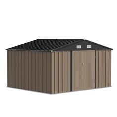 a brown metal storage shed on a white background