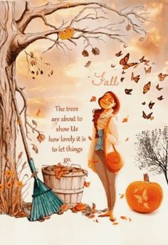 a woman standing next to a tree with lots of leaves on it and a bucket full of pumpkins