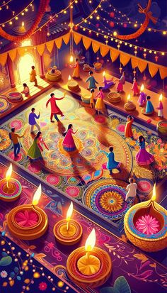 an artistic painting of people dancing around candles