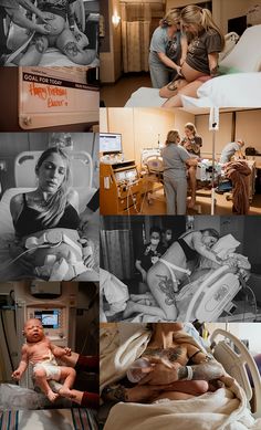 multiple pictures of people and their babies in the hospital with an adult holding a baby