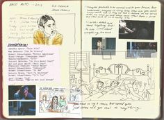 an open book with drawings and notes on the pages, along with pictures of people