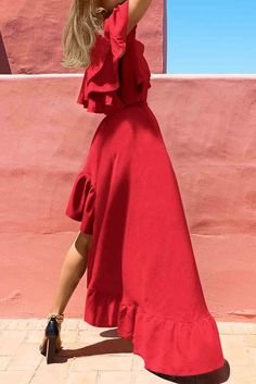 Red One Shoulder Ruffle High Low Maxi Dress Evening Dresses Purple, Evening Dresses White, White Evening Dresses, Yellow Evening Dresses, Dresses Yellow, Red Maxi Dress, High Low Maxi Dress, Dresses Purple, Red Maxi