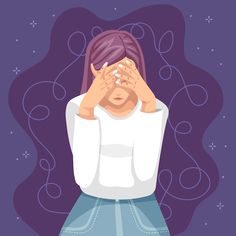 a woman covers her eyes with her hands while standing in front of a purple background