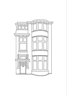 a drawing of a tall building with windows and balconies on the top floor