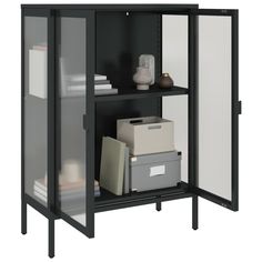 a tall black cabinet with shelves and drawers on it's sides, filled with items