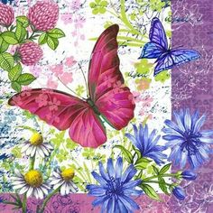 a pink butterfly and blue flowers with the words get well on it