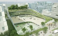 an artist's rendering of a green roof on top of a building with people walking around