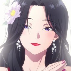 a woman with long black hair and flower in her hair