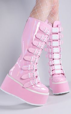 Show off yer pastels! The DAMNED-318 boots are sugar-sweet knee highs that feature 8 plated straps and white trims for an eye-catching effect. Slip in n' out in a snap with full-length rear zips. The DAMNED series features a 3 1/2 inch flatform. Material: 100% vegan PU leather. US women's sizing-refer to size chart for more info. Pink And White High Boots, White And Pink Clothes, Pastel Platform Boots, Cute Platform Shoes, Holographic Boots, Pink Platform Boots, Pink Platform Shoes, Candy Clothes, Platform Knee High Boots