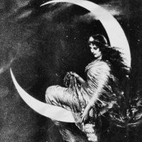 a woman sitting on the moon with her hair blowing in the wind, vintage black and white photograph