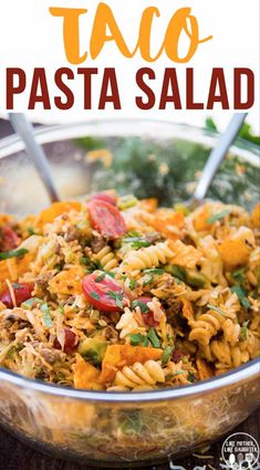 this taco pasta salad is loaded with meat and vegetables